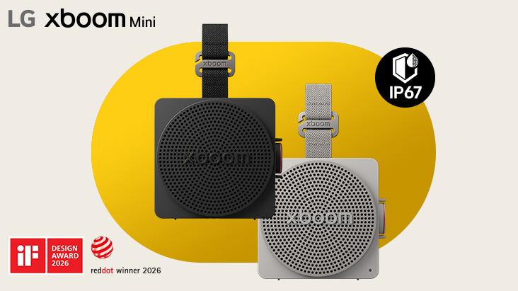 Parlantes Bluetooth portátiles y compactos LG xboom Mini con certificación IP67 y premios de diseño.